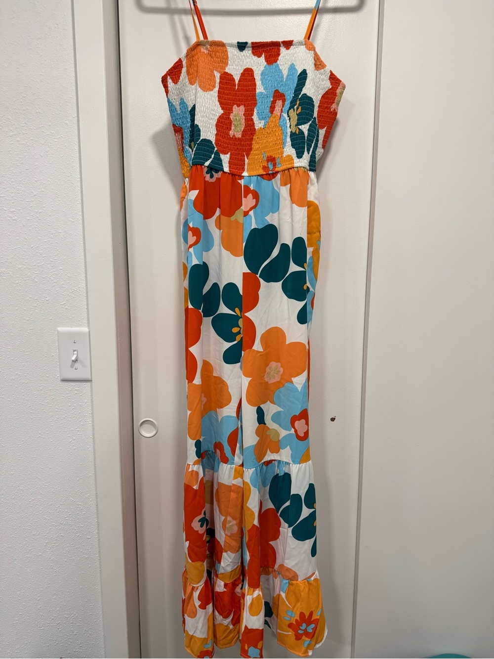 Womens Floral Smocked Maxi One-Piece in Orange & Teal